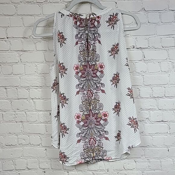 LOFT Ivory Floral Shirred Shell Polka Dot Sleeveless Blouse Women's Keyhole Top - Picture 11 of 11